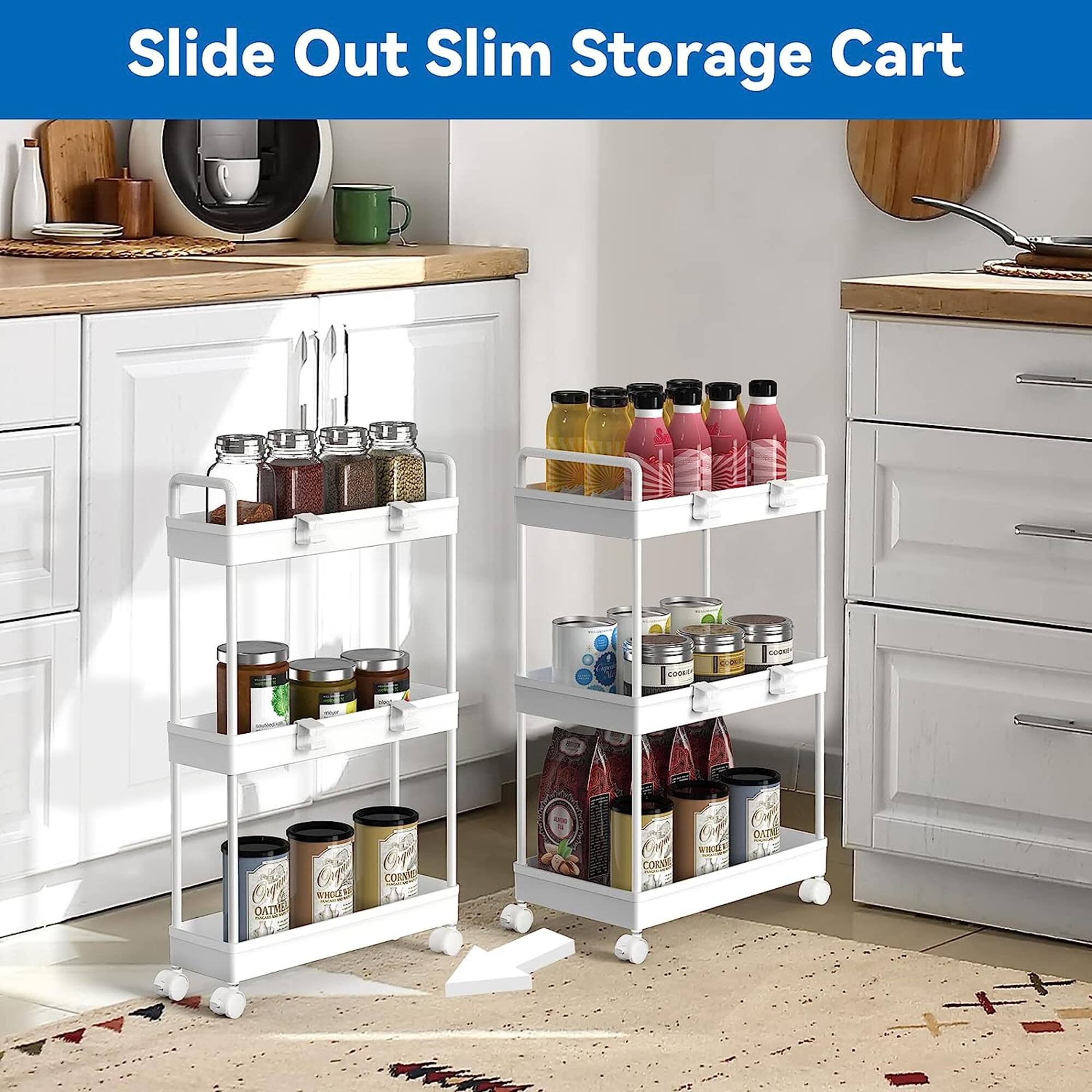 White 3-Tier Storage Kitchen Shelving Unit Rolling Rack Cart